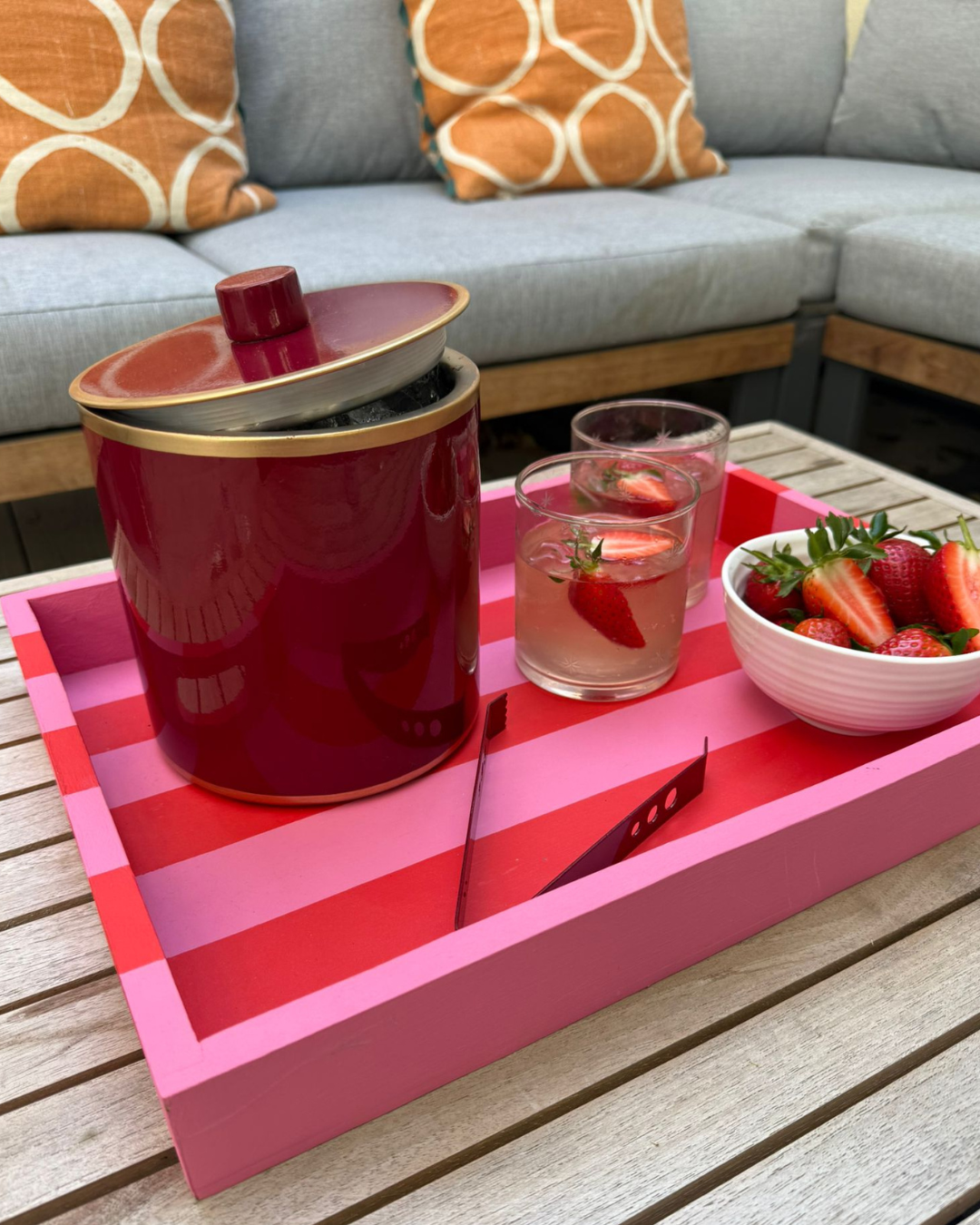 Vibrant Pink and Poppy Red Decorative Striped Tray with handles