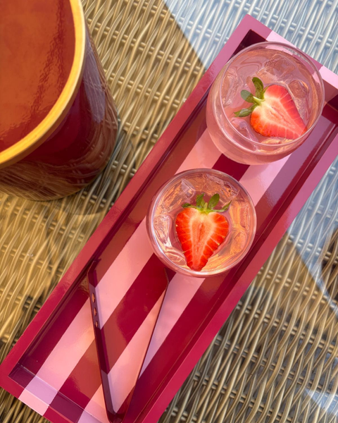 Hand-painted Striped Wooden Serving Tray | Lacquer Drinks Tray 40cm — Raspberry & Blush Pink