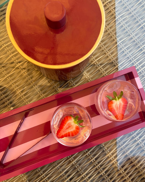 Hand-painted Striped Wooden Serving Tray | Lacquer Drinks Tray 40cm — Raspberry & Blush Pink