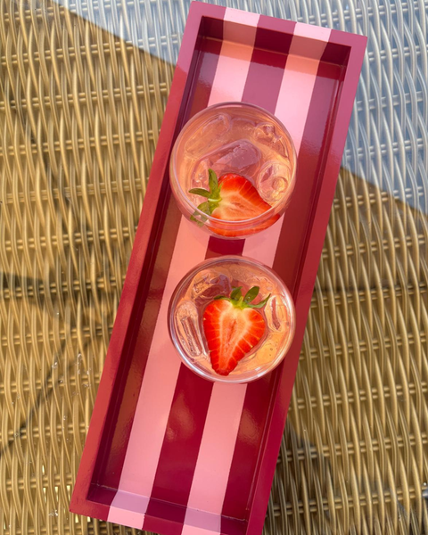 Hand-painted Striped Wooden Serving Tray | Lacquer Drinks Tray 40cm — Raspberry & Blush Pink
