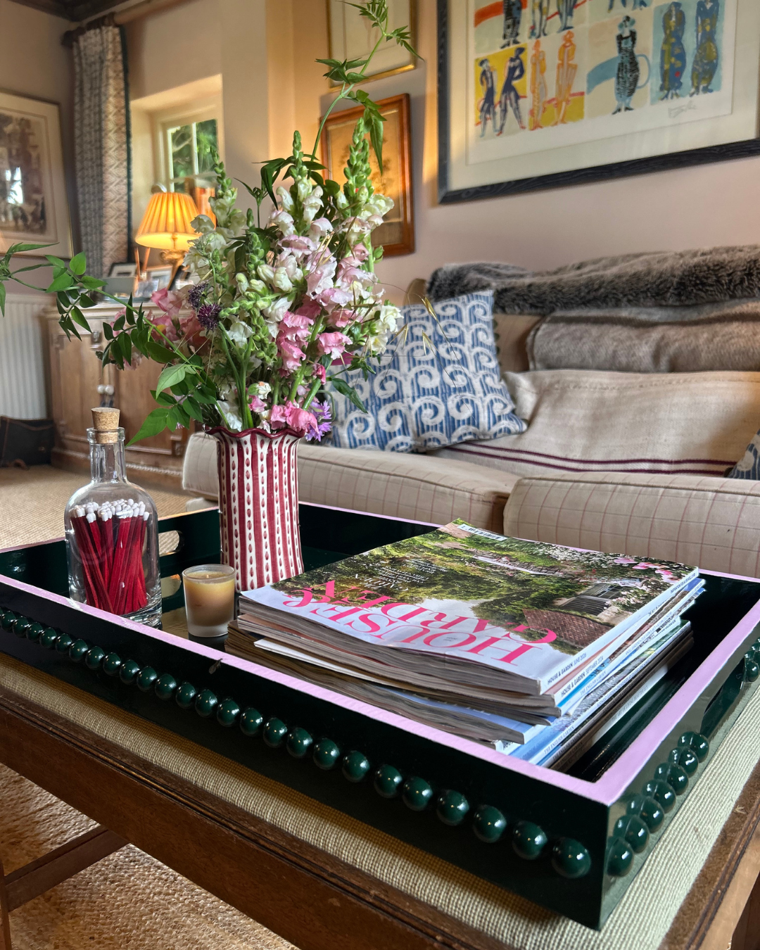 British Racing Green Bobbin Lacquer Tray with Blush Pink Edge