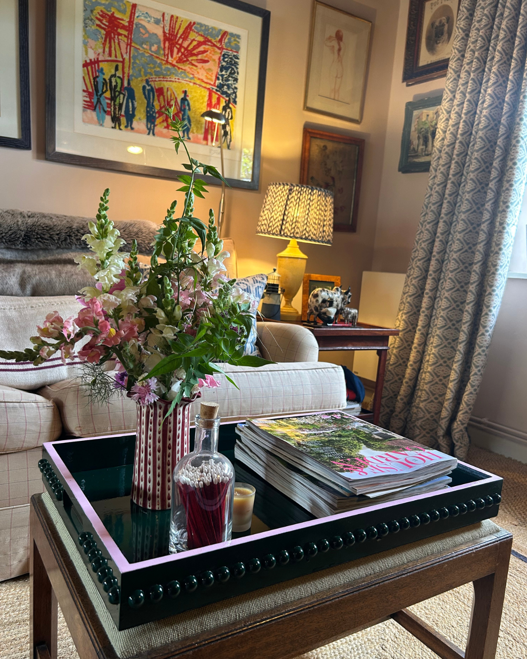 British Racing Green Bobbin Lacquer Tray with Blush Pink Edge