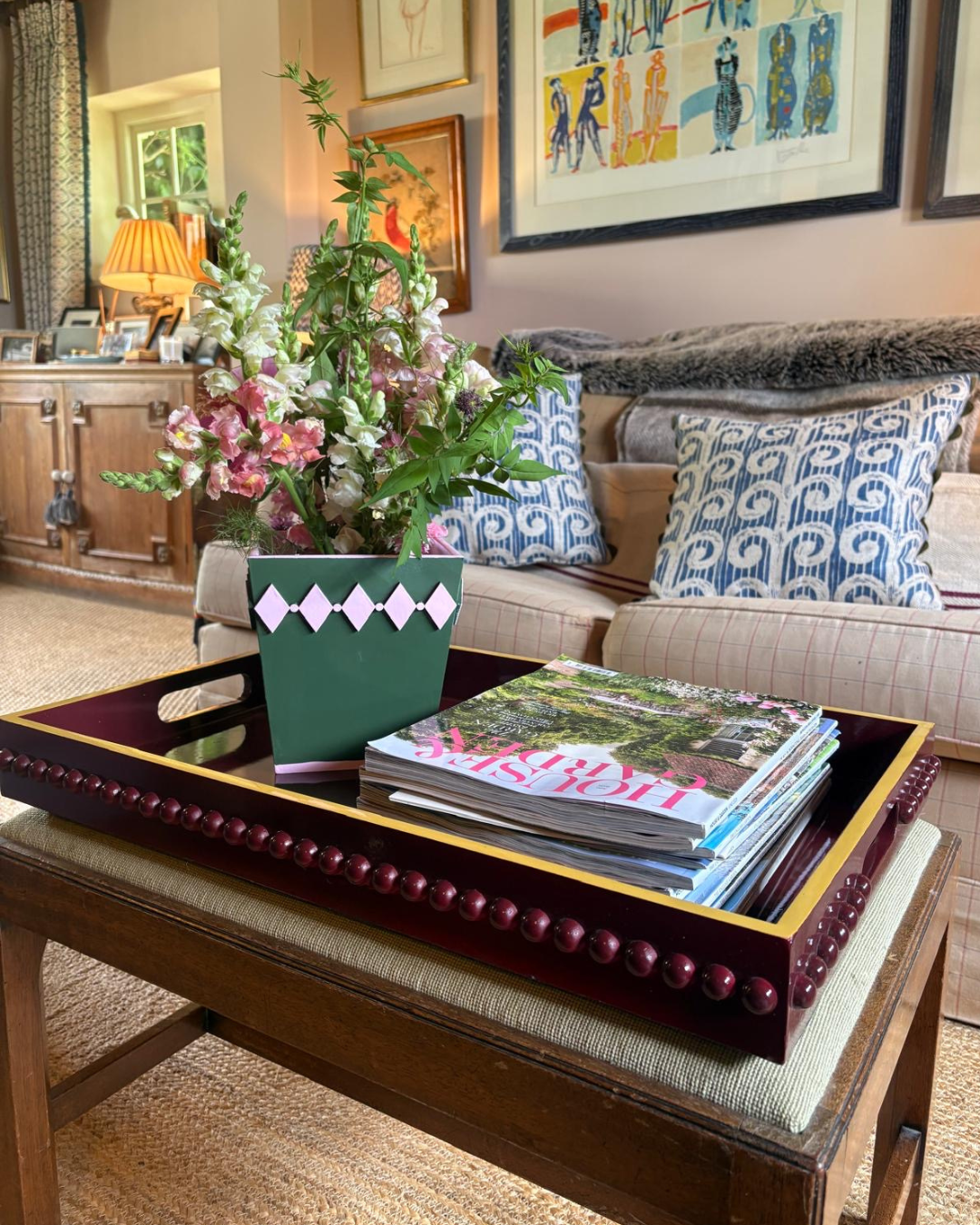 Red and Mustard Yellow Bobbin Style Coffee Table Tray