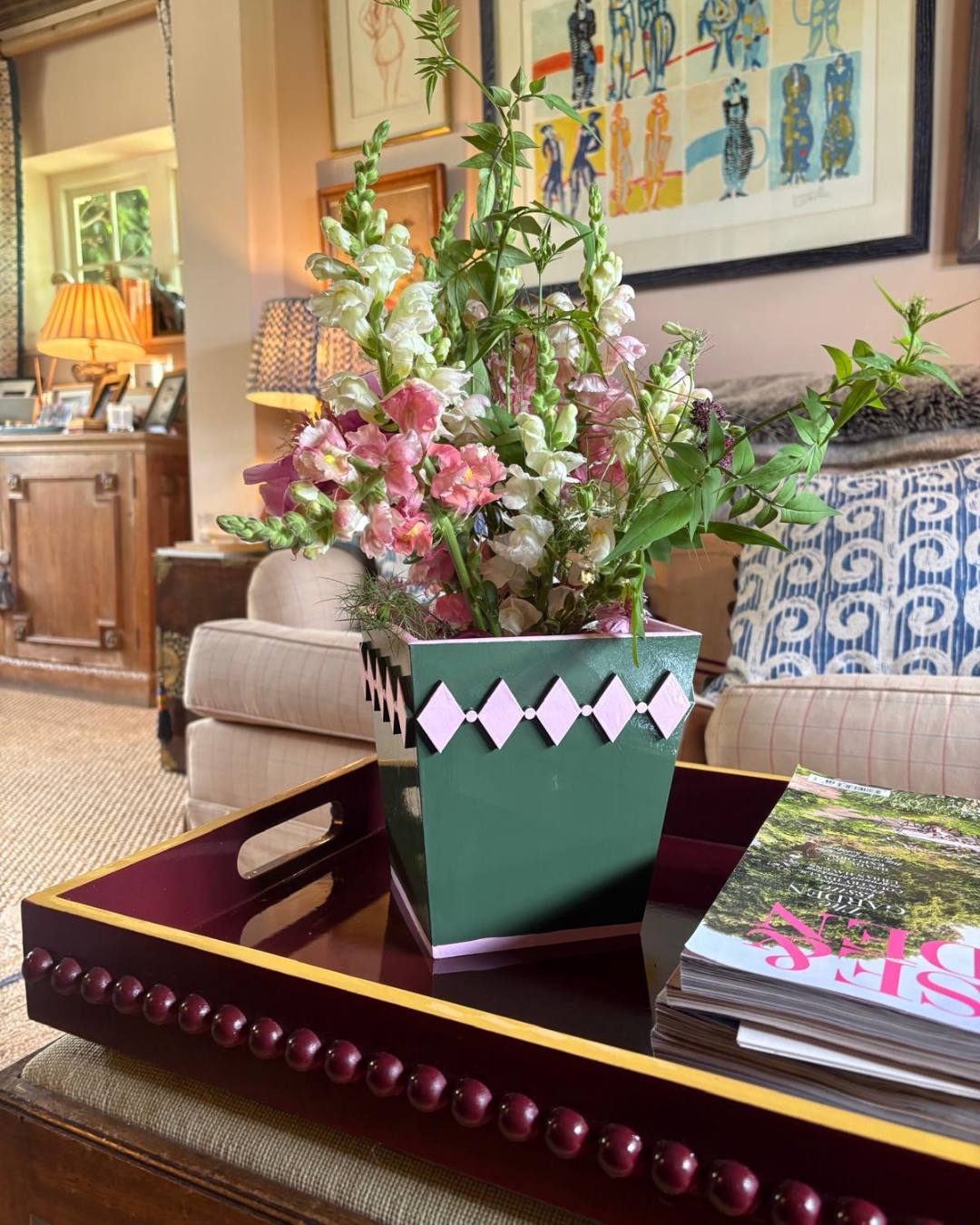 Red and Mustard Yellow Bobbin Style Coffee Table Tray