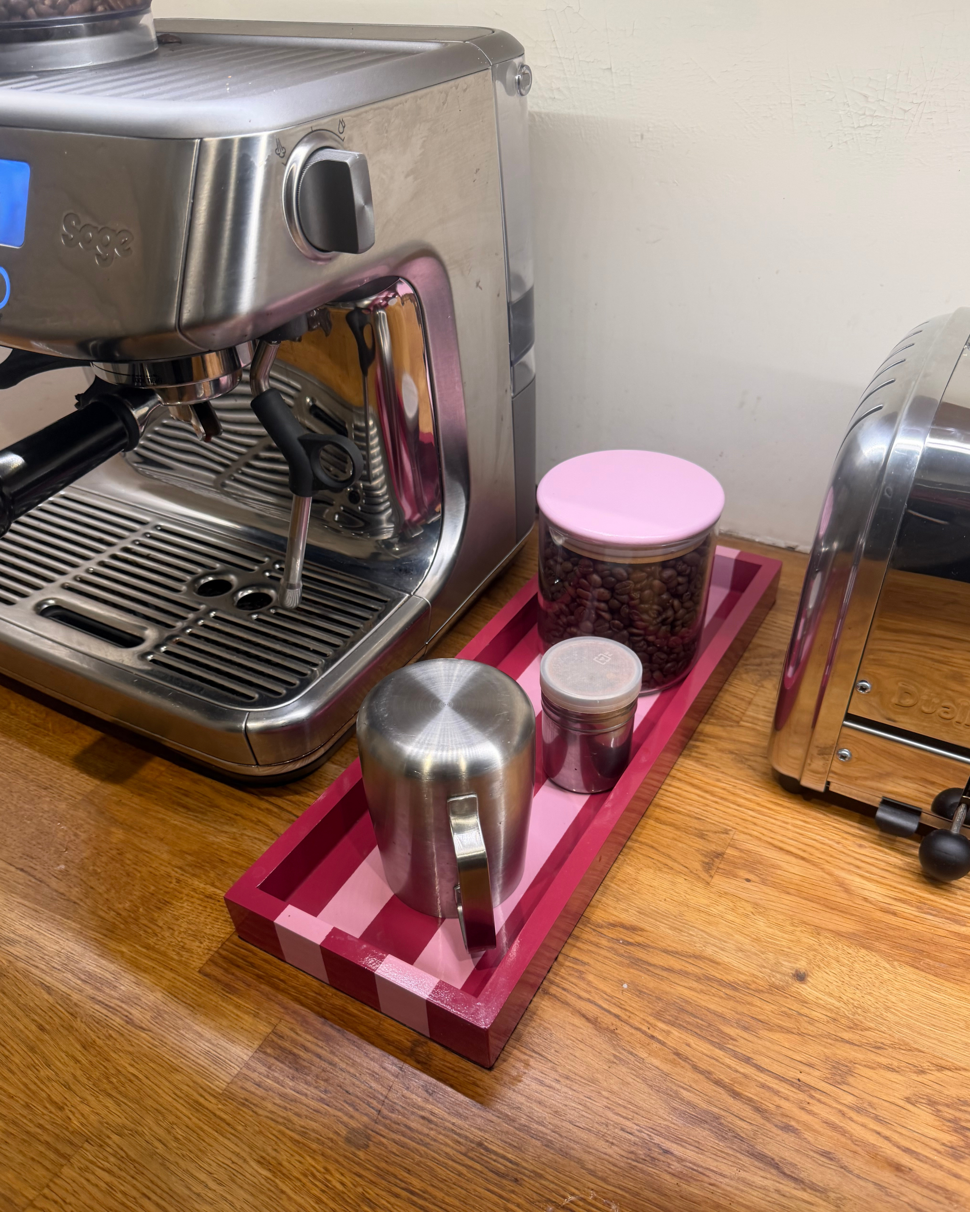 Hand-painted Striped Wooden Serving Tray | Lacquer Drinks Tray 40cm — Raspberry & Blush Pink