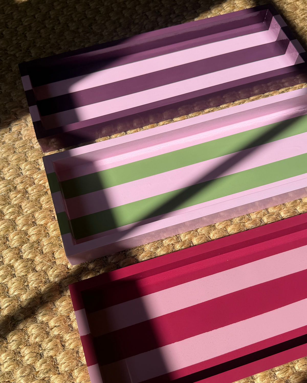 Hand-painted Striped Wooden Serving Tray | Lacquer Drinks Tray 40cm — Pink & Green