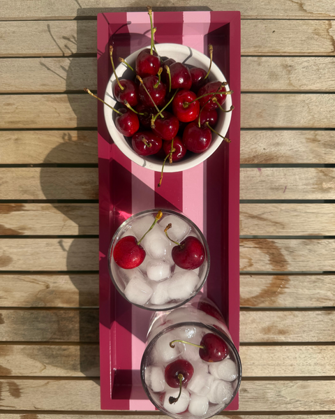 Hand-painted Striped Wooden Serving Tray | Lacquer Drinks Tray 40cm — Raspberry & Blush Pink