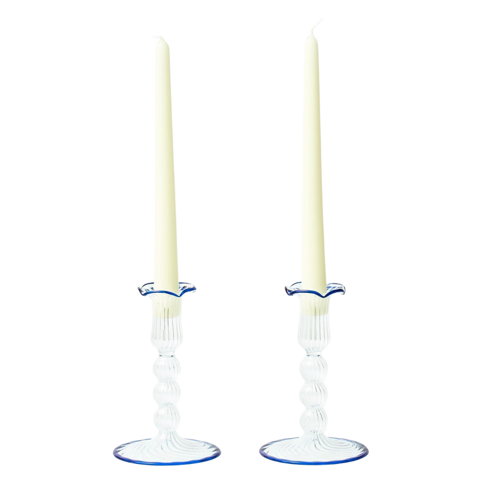 Blue Rimmed Glass Pompom Candleholders (pair)