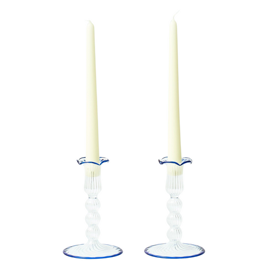 Blue Rimmed Glass Pompom Candleholders (pair)