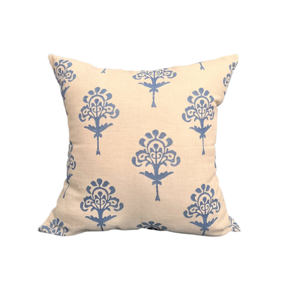 Blue Harmony - Pure Linen Block Printed Throw Pillow Cover - 20X20"