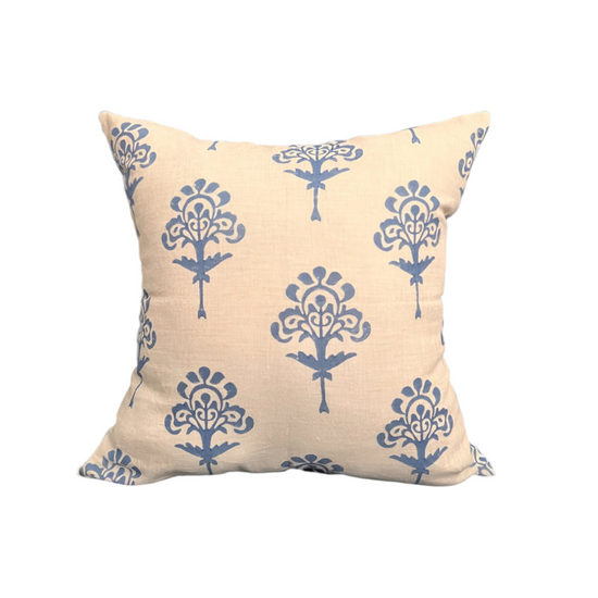 Blue Harmony - Pure Linen Block Printed Throw Pillow Cover - 20X20"
