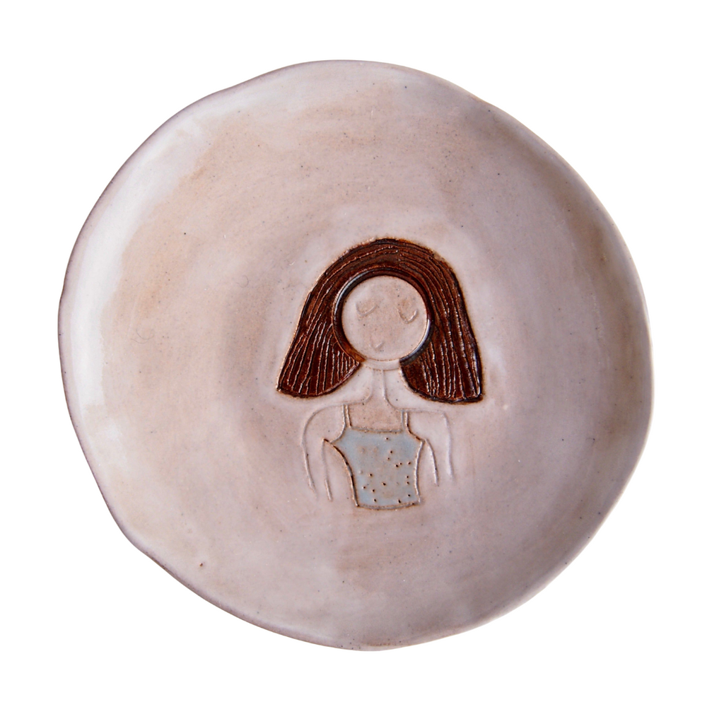 Brown Bob Hair Girl Mini Pottery Face Ring Dish / Plate