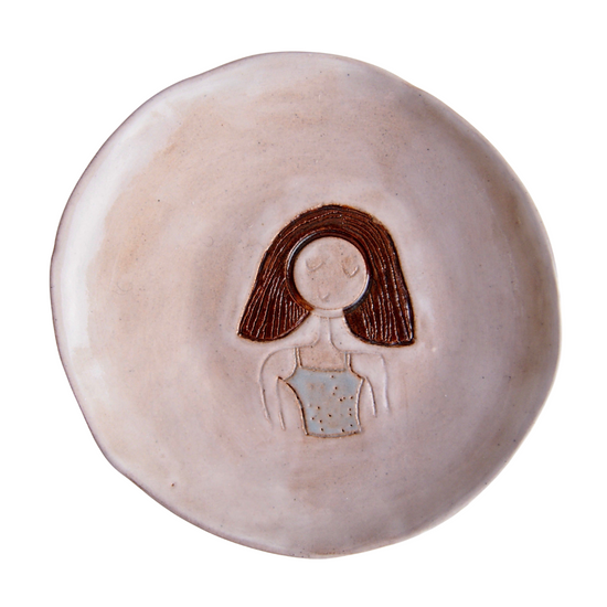 Brown Bob Hair Girl Mini Pottery Face Ring Dish / Plate