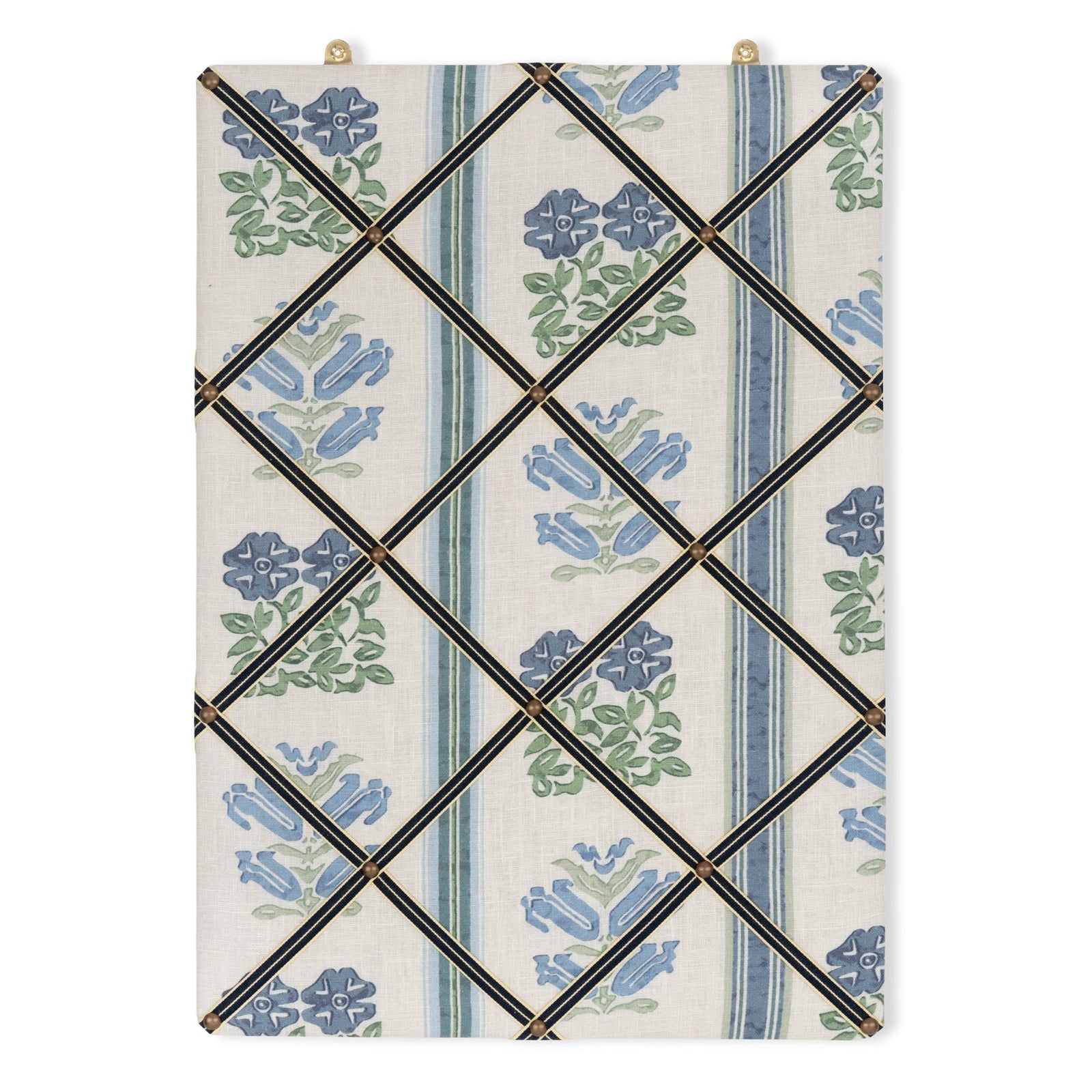 Ribboned Bulletin Board in Volga's Folkloric Floral Print in Delft Blue/Oyster with Peacoat Trim