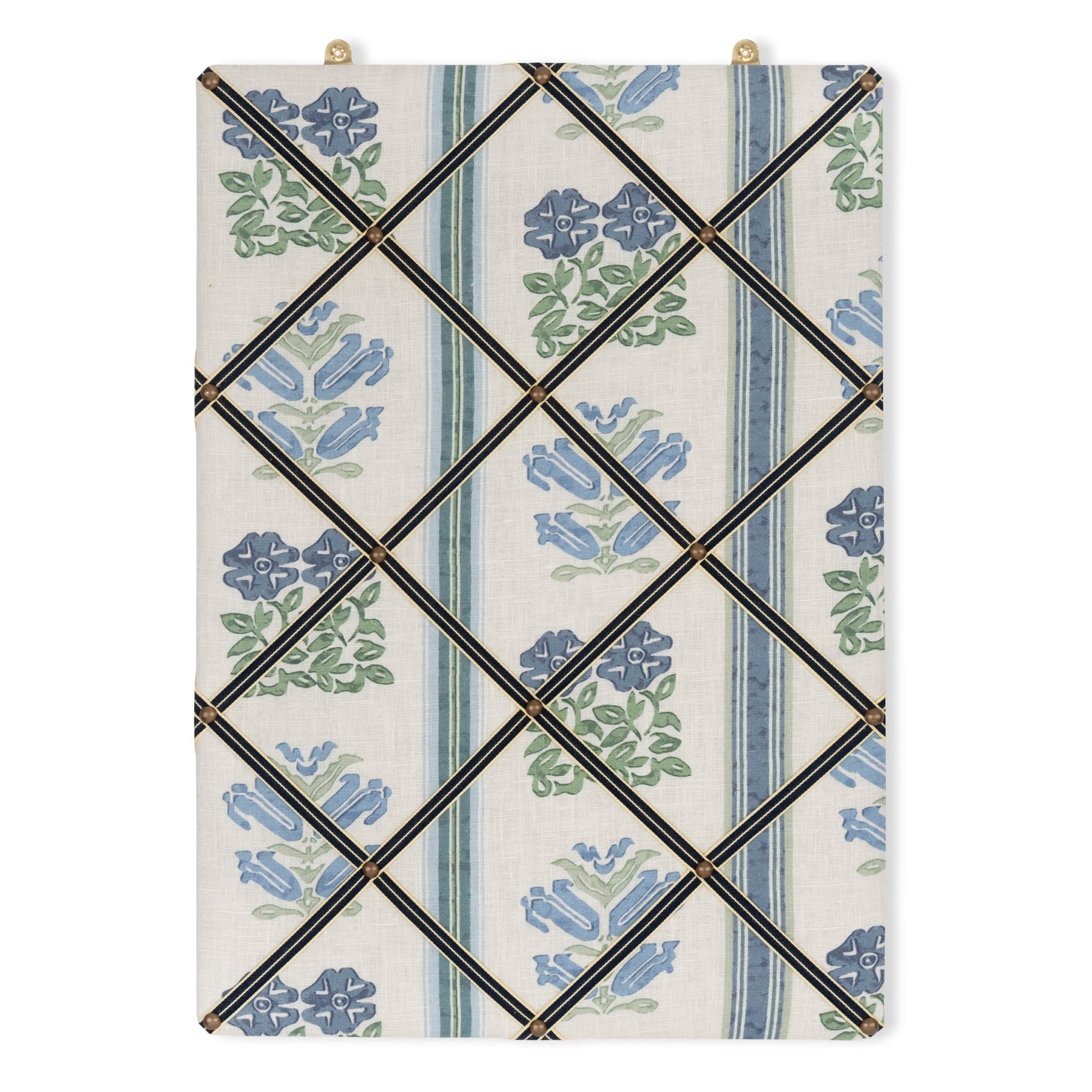 Ribboned Bulletin Board in Volga's Folkloric Floral Print in Delft Blue/Oyster with Peacoat Trim