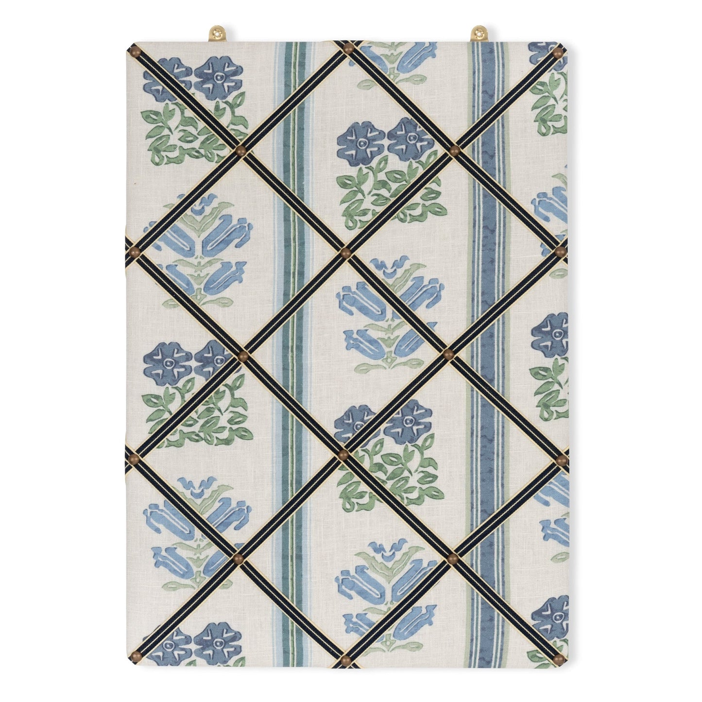 Ribboned Bulletin Board in Volga's Folkloric Floral Print in Delft Blue/Oyster with Peacoat Trim