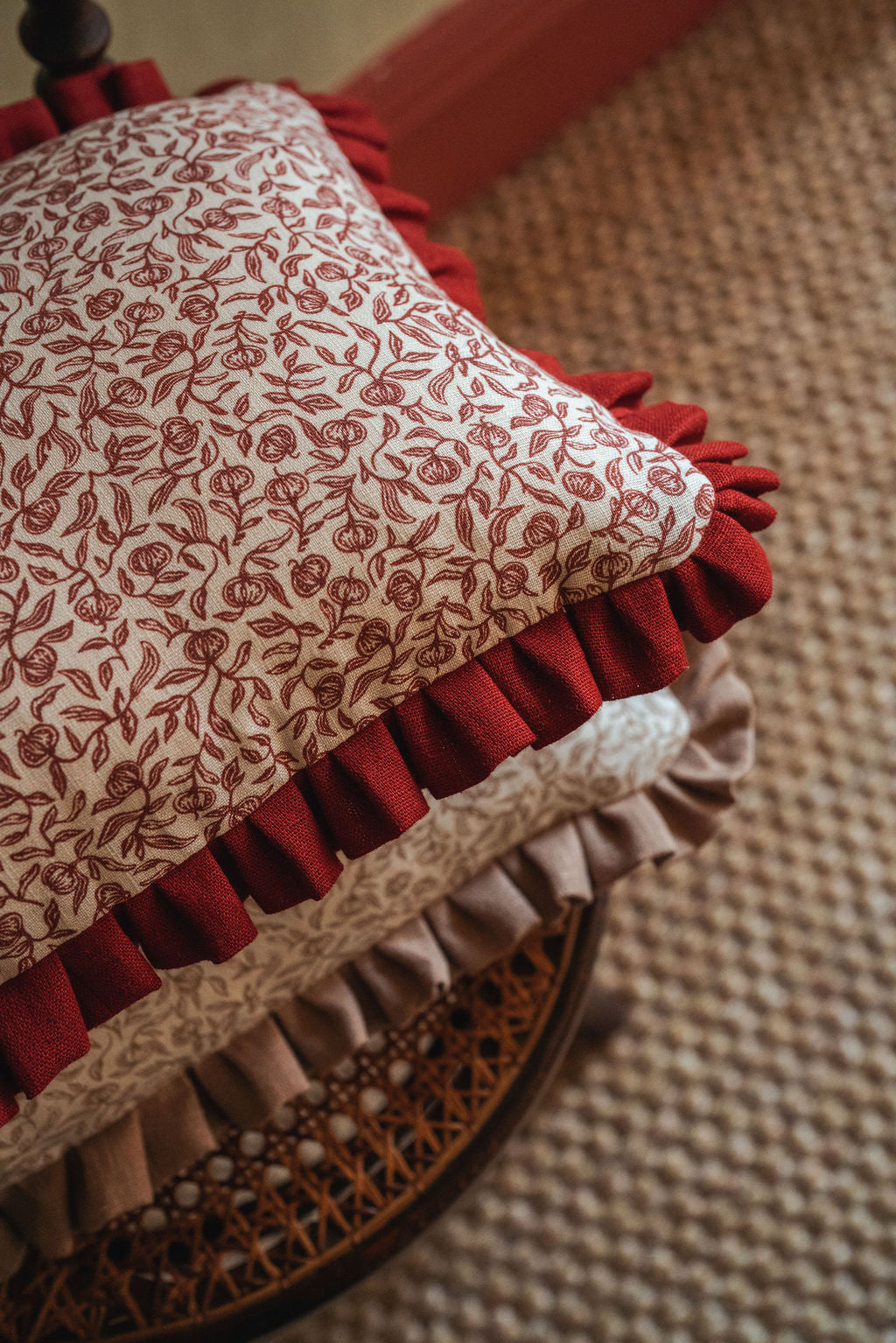 Pomegranate Print Cushion in Marsala with Anniversary Volga Red Frill