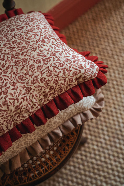 Pomegranate Print Cushion in Marsala with Anniversary Volga Red Frill