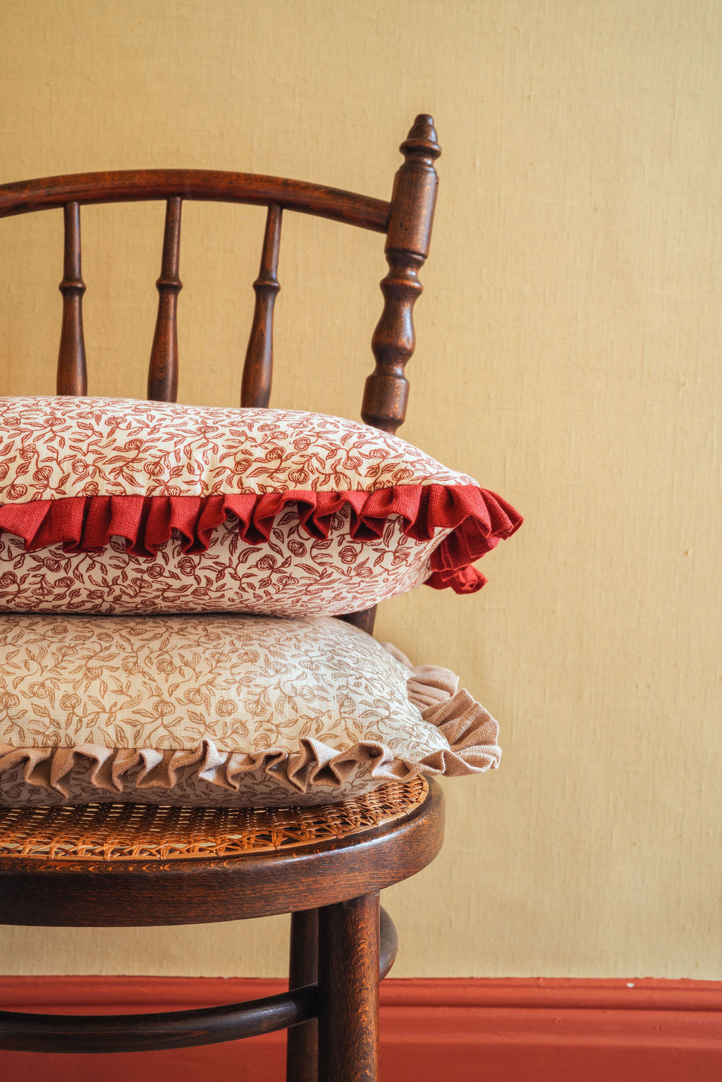 Pomegranate Print Cushion in Marsala with Anniversary Volga Red Frill