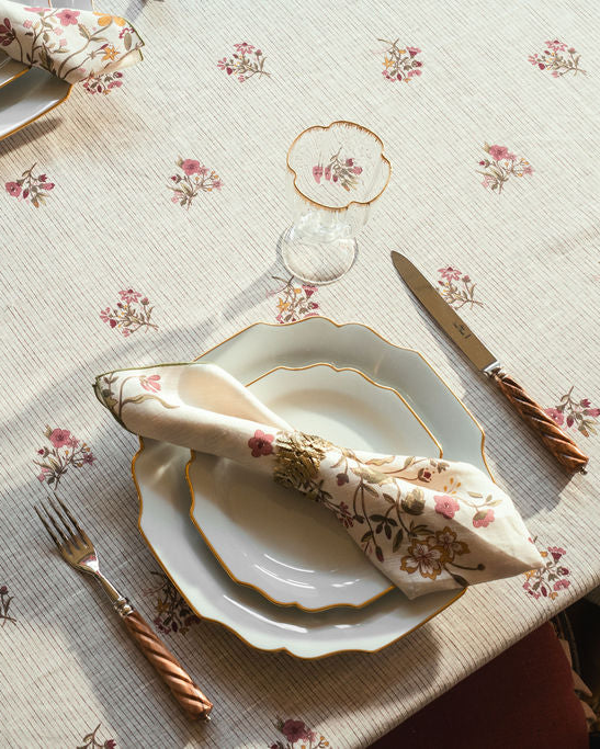 Scarlet Flax & Field Posy Pinstripe Printed Tablecloth