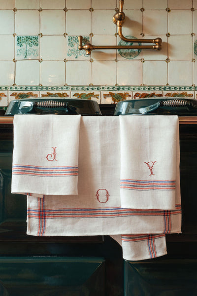 Set of 3 Kitchen Towels in French Red & Blue