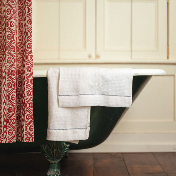 Liège Hand Towel in Ivory White Waffle with Indigo Hemstitch