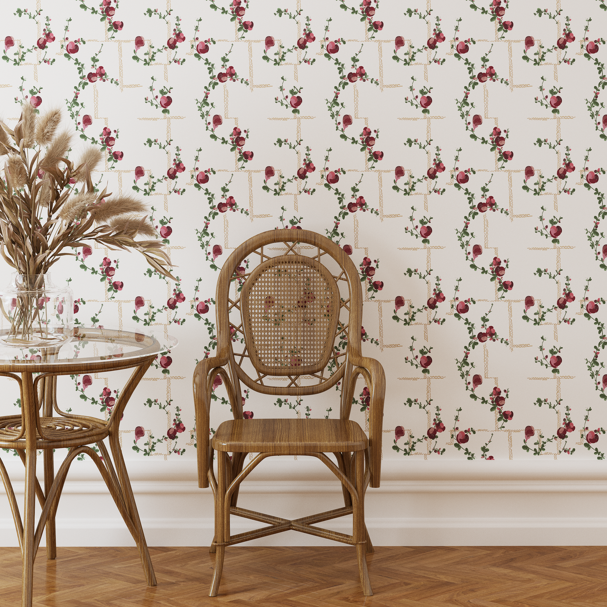 Rattan chair and table against a floral wallpapered wall