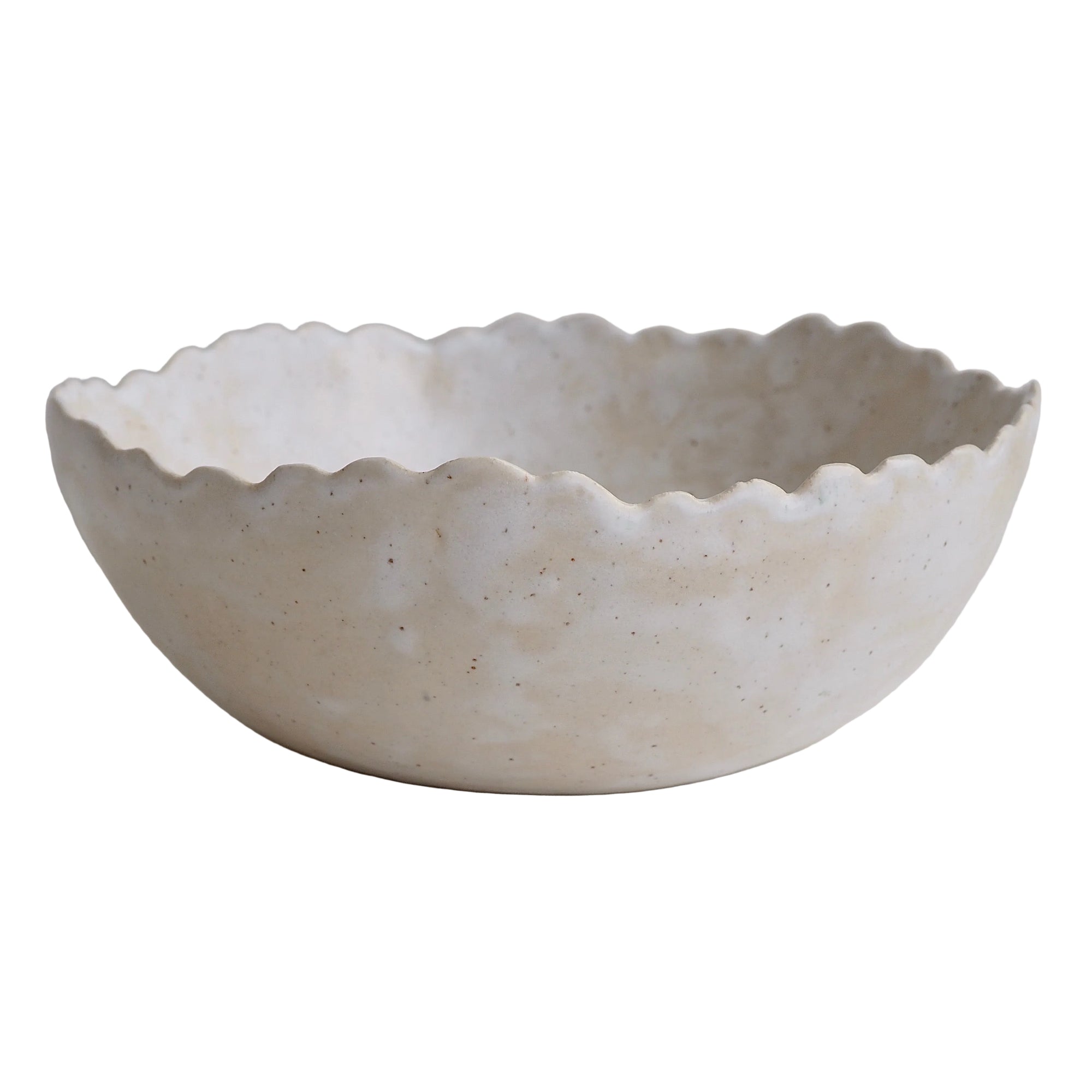 Handmade Cream/White Speckled Scalloped Ceramic Serving Bowl.