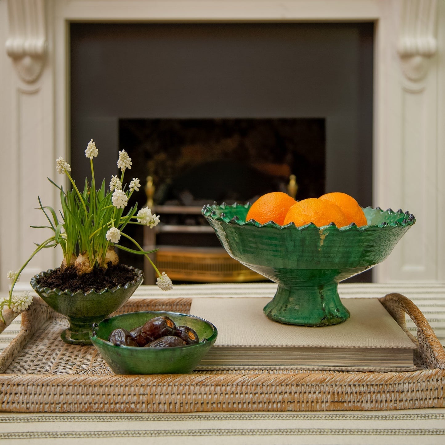 Vintage Tamegroute Green Jagged Edge Pedestal Fruit Bowl