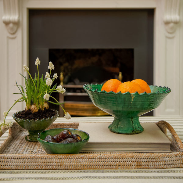 Vintage Tamegroute Green Jagged Edge Pedestal Fruit Bowl