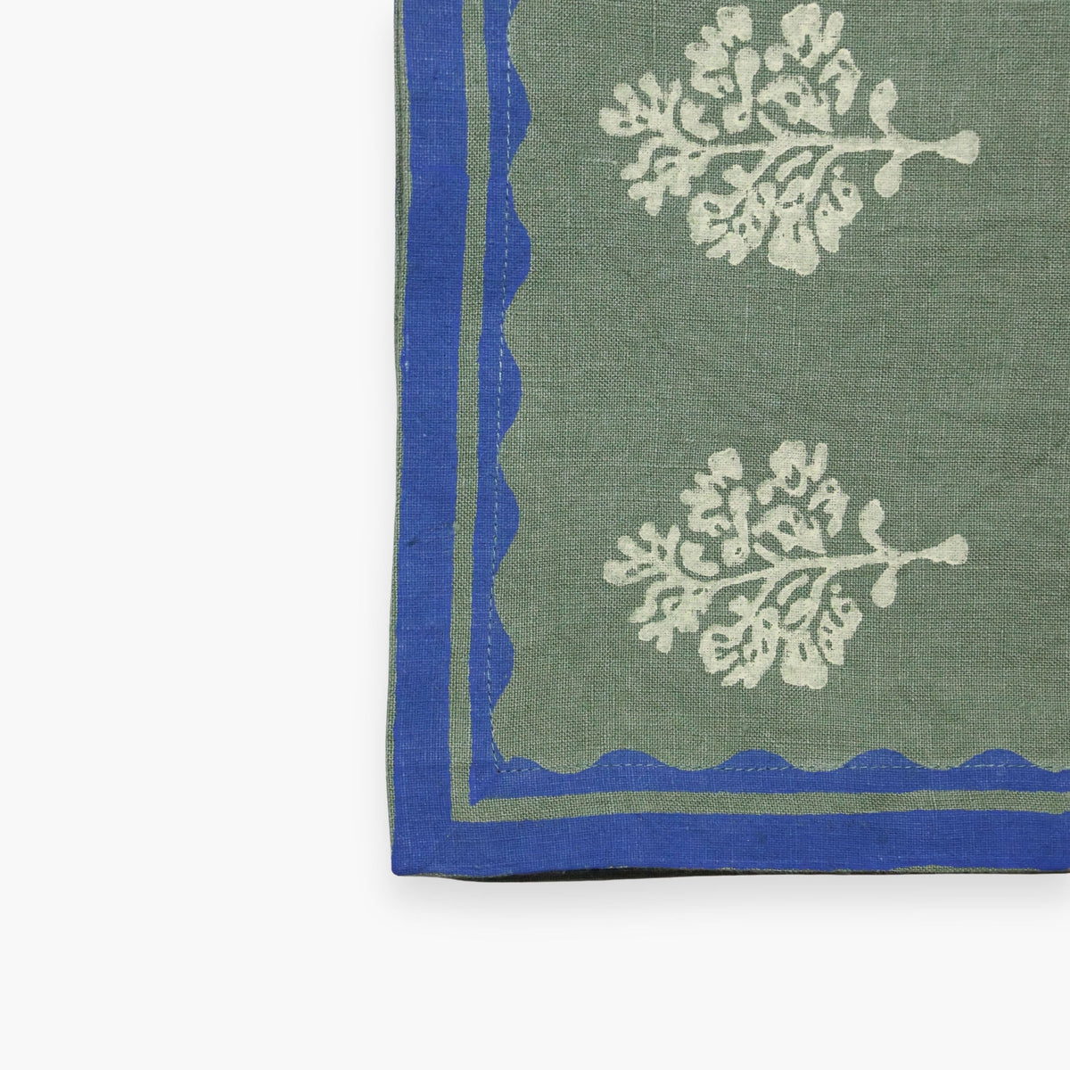 Sara - Pure Linen Hand-Printed Table Runner - Oil Green