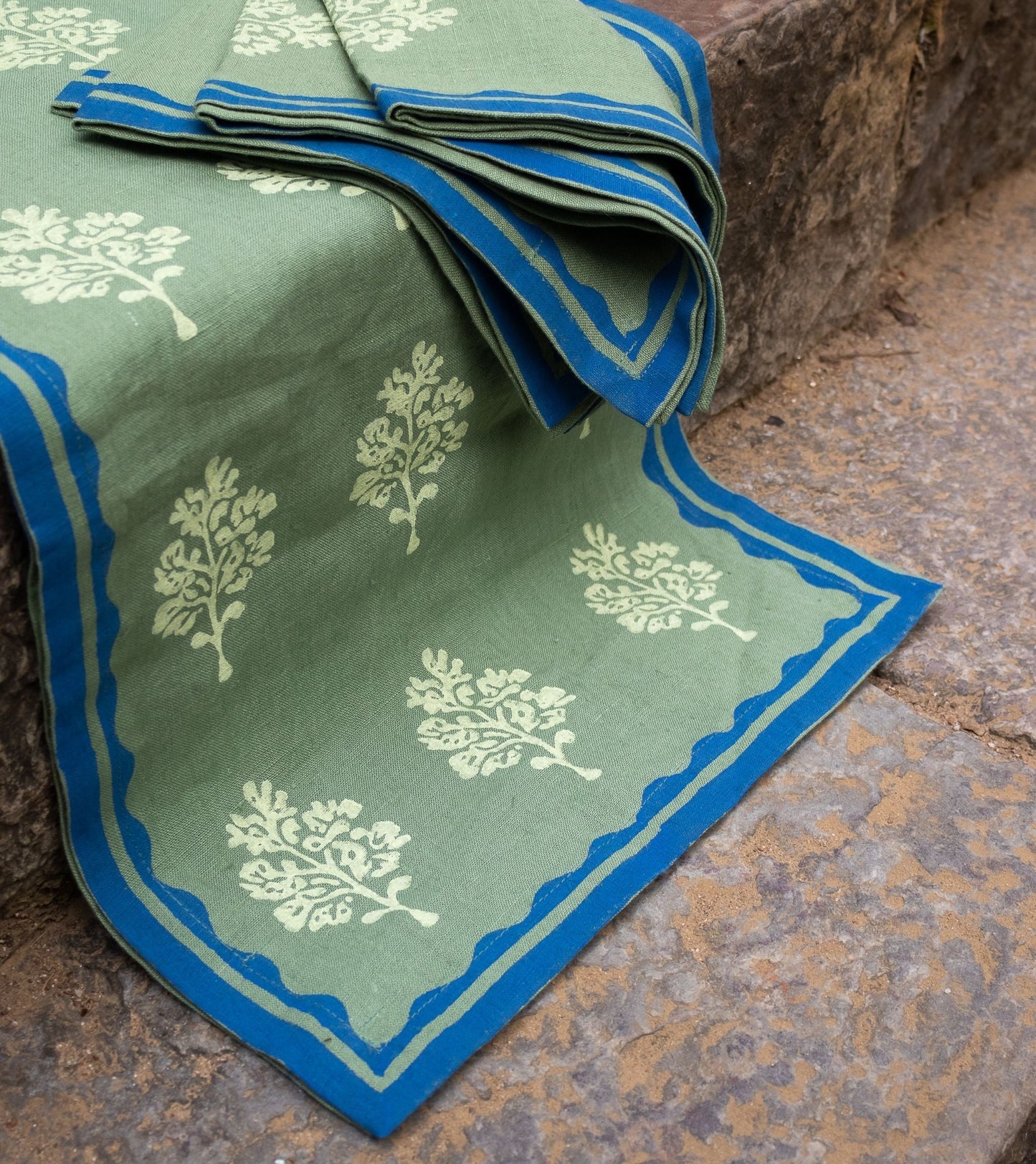 Sara - Pure Linen Hand-Printed Table Runner - Oil Green