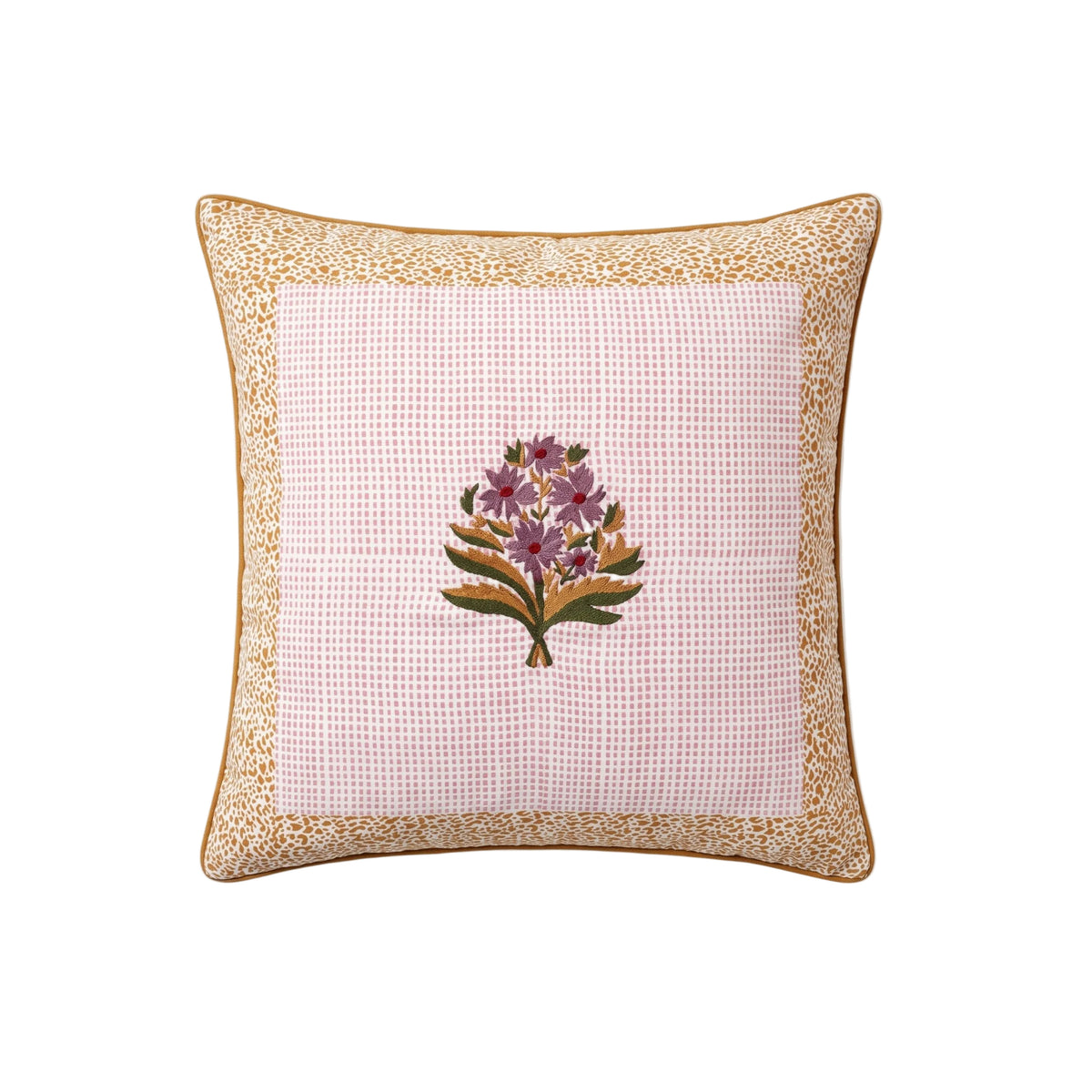 Rumi Floral Embroidered Linen Pillow Cover – Pink & Biscuit Brown