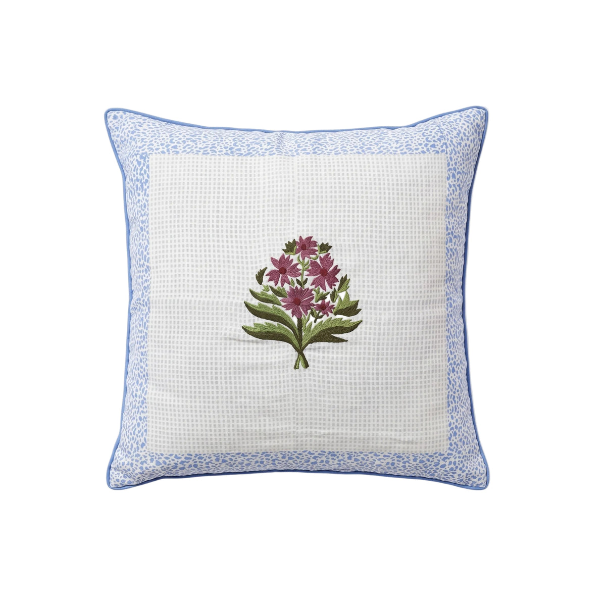 Rumi Floral Embroidered Linen Pillow Cover – Blue