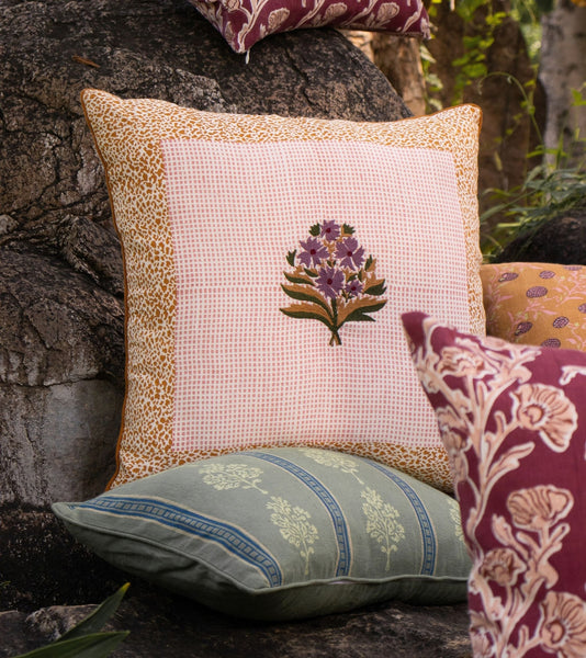 Rumi Floral Embroidered Linen Pillow Cover – Pink & Biscuit Brown