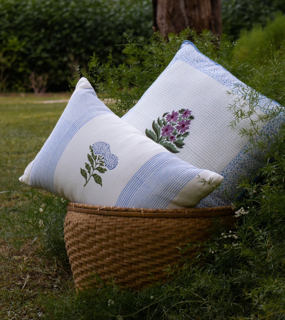 Vera Floral Lumbar Linen Pillow Cover - Pastel Blue