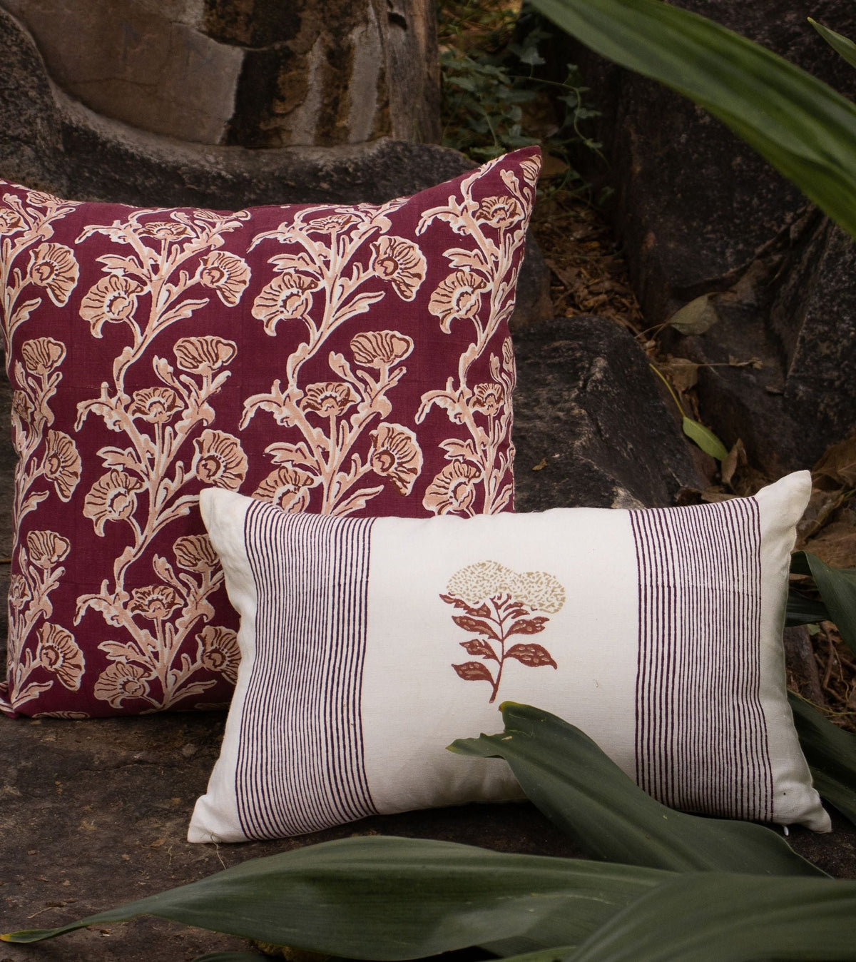 Vera Floral Lumbar Linen Pillow Cover - Wine Red