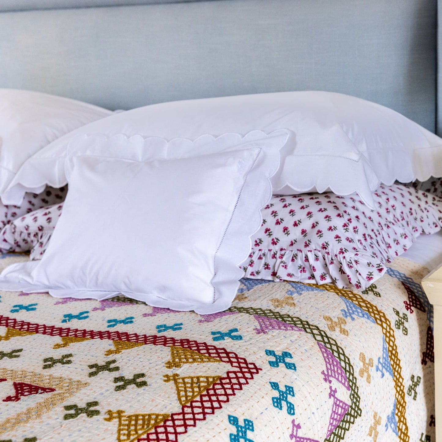 Cotton White Scallop Pillowcase with hand hem stitched border
