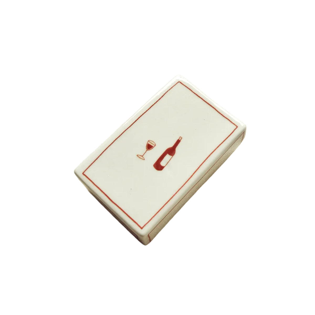 Hand-illustrated ceramic matchbox with wine bottle and glass illustration