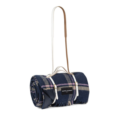 Checkmate Navy Wool Picnic Blanket with Long White Leather Shoulder Strap