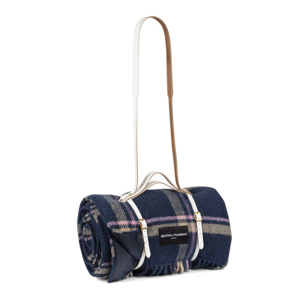 Checkmate Navy Wool Picnic Blanket with Long White Leather Shoulder Strap