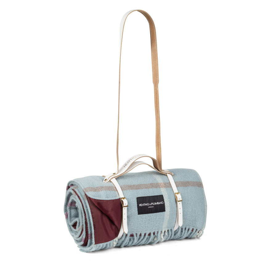 Duck Egg Checks Wool Picnic Blanket with Long White Leather Shoulder Strap