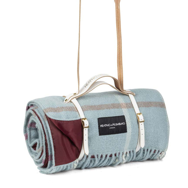 Duck Egg Checks Wool Picnic Blanket with Long White Leather Shoulder Strap