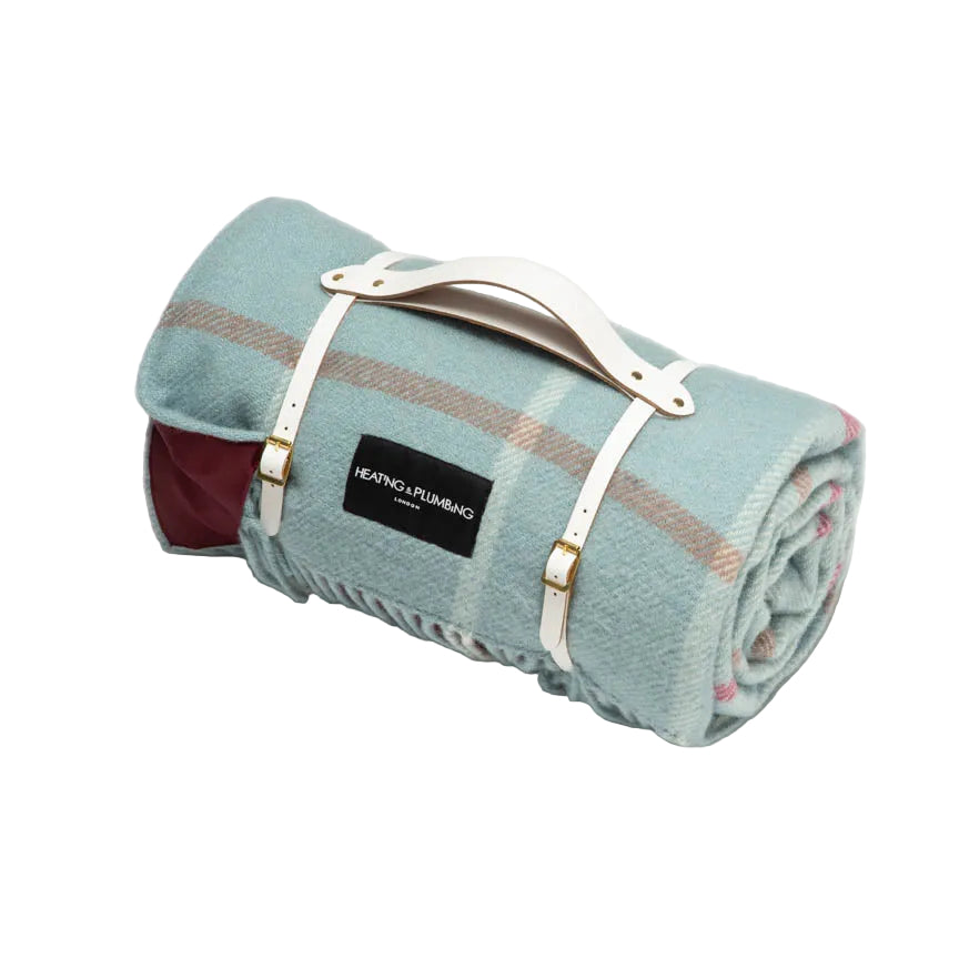 Duck egg check picnic throw blanket with wine colour waterproof backing and white leather strap. 