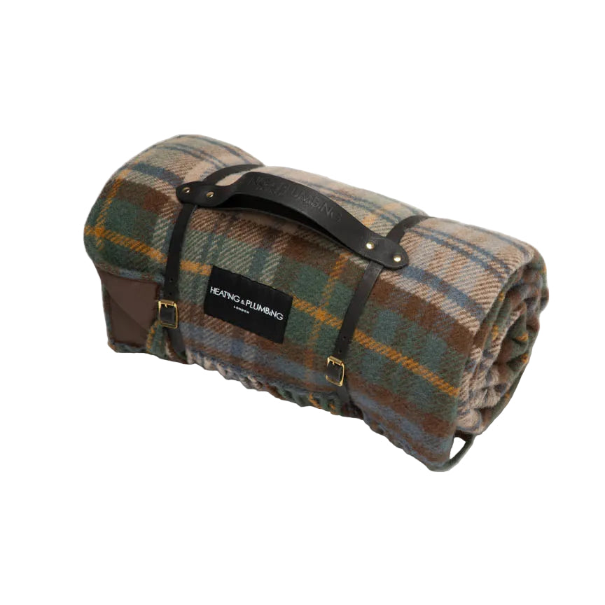 Scottish Tartan picnic blanket in wool with waterproof backing and leather strap