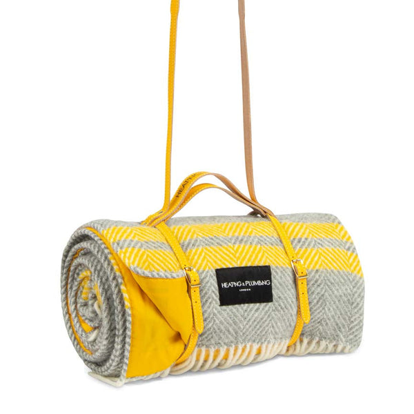 Pure New Wool Picnic Blanket -  Grey & Yellow