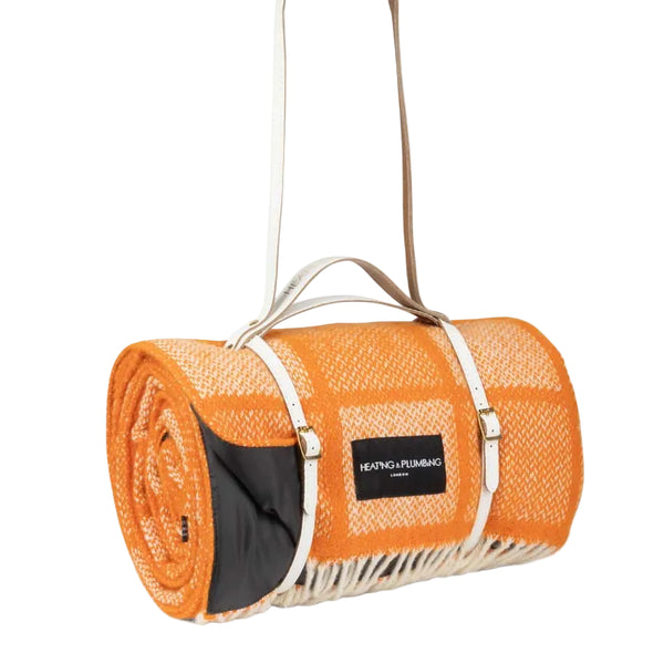 Mosaic Orange Wool Picnic Blanket with Long White Leather Shoulder Strap