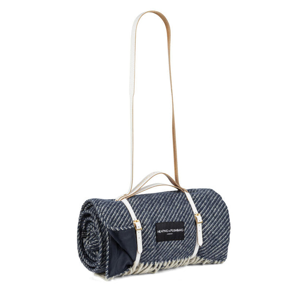 The Yacht Club Wool Picnic Blanket with Long White Leather Shoulder Strap