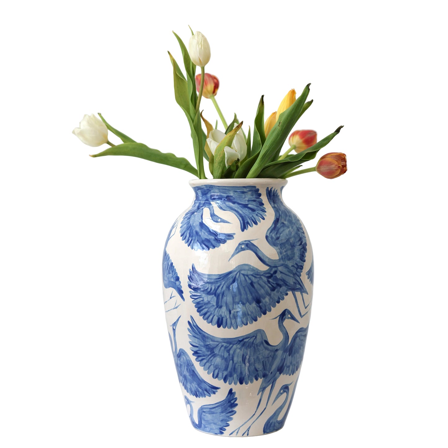 XL Blue Herons Vase | Hand-Painted Ceramic Vase