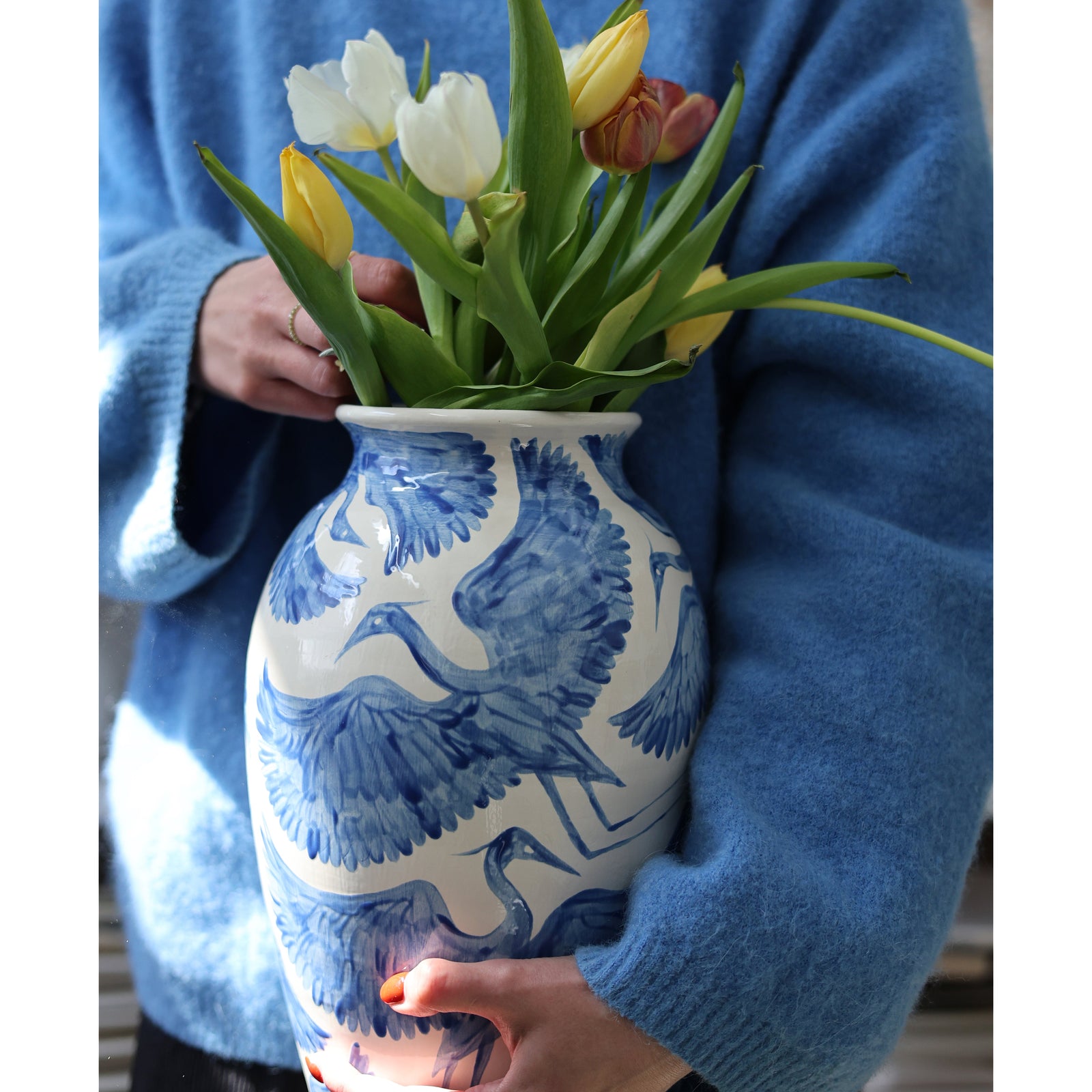 XL Blue Herons Vase | Hand-Painted Ceramic Vase